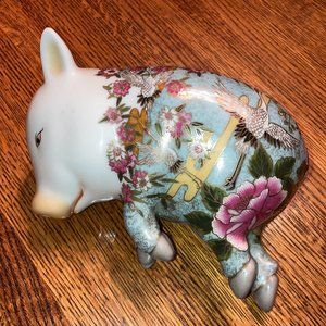Chinese Handpainted Porcelain Lucky Sleeping Pig; Crane Flower Motif